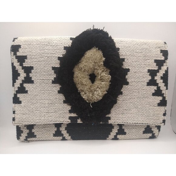 America & Beyond Aztec Tribal Hand Woven Clutch with Silvertone Crossbody Chain